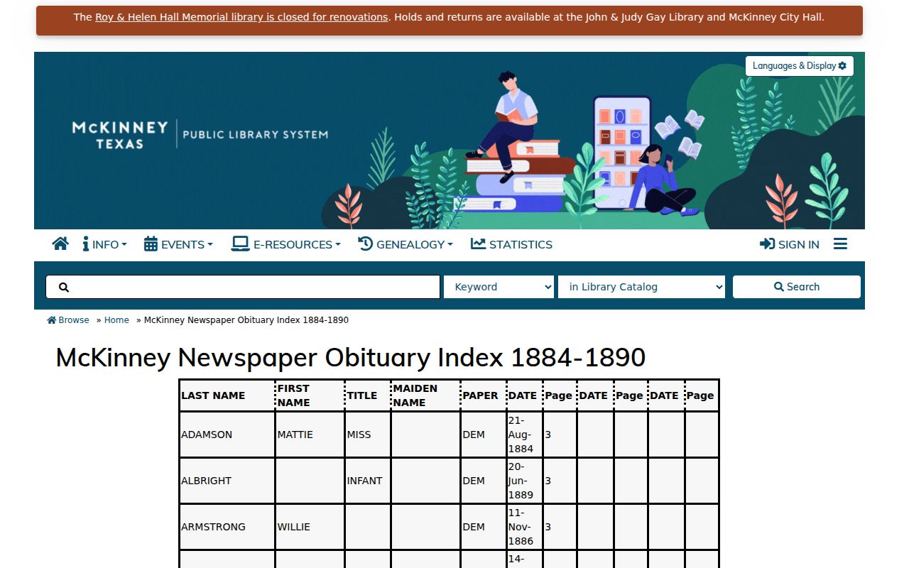 McKinney resident lookup screen for the local obituary index