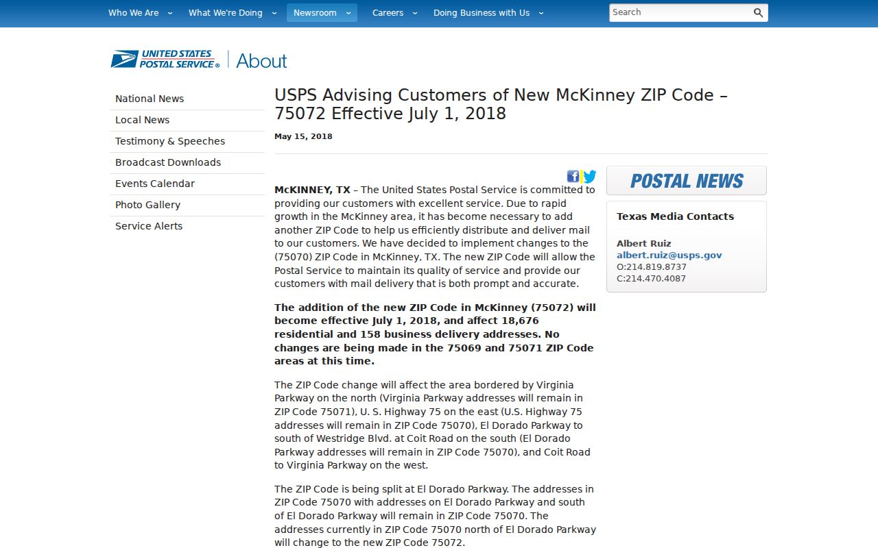 McKinney ZIP code directory reference to the USPS 75072 change release